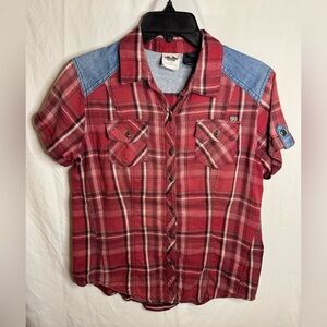 Harley Davidson, Women's Medium, Button-Up Graphic, Red Plaid Flannel